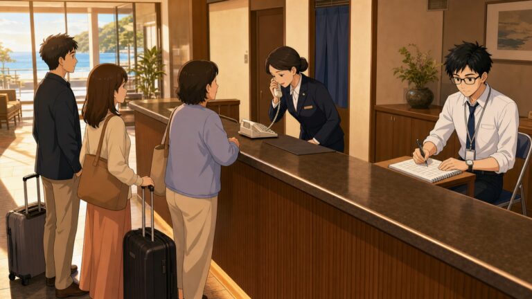夕方のホテルのフロント。カウンターの外側で宿泊客が待ち、内側では宿泊部長が受話器を耳に当てて会釈している。カウンターの端でFDEの上田がメモ帳に正の字を書いて着信を数えている場面