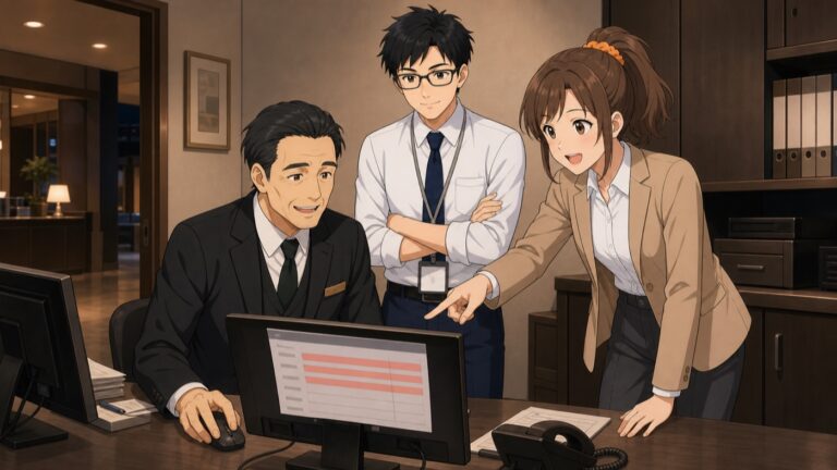 ホテルのバックオフィスで、未転記の予約が赤く表示された画面を、フロント主任と久保が確認している場面