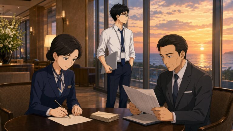 夕暮れのホテルのロビーで、宿泊部長が常連客への手紙を手書きしている場面