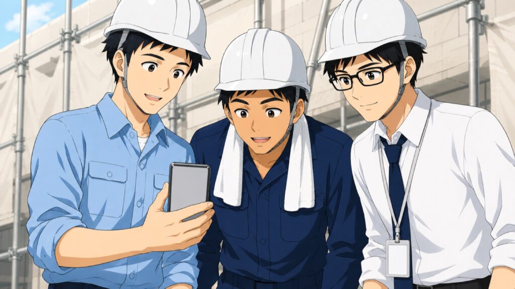 朝の建設現場で、現場監督とベトナムから来た職人が、その日の作業手順の短い動画をスマートフォンで一緒に見ている